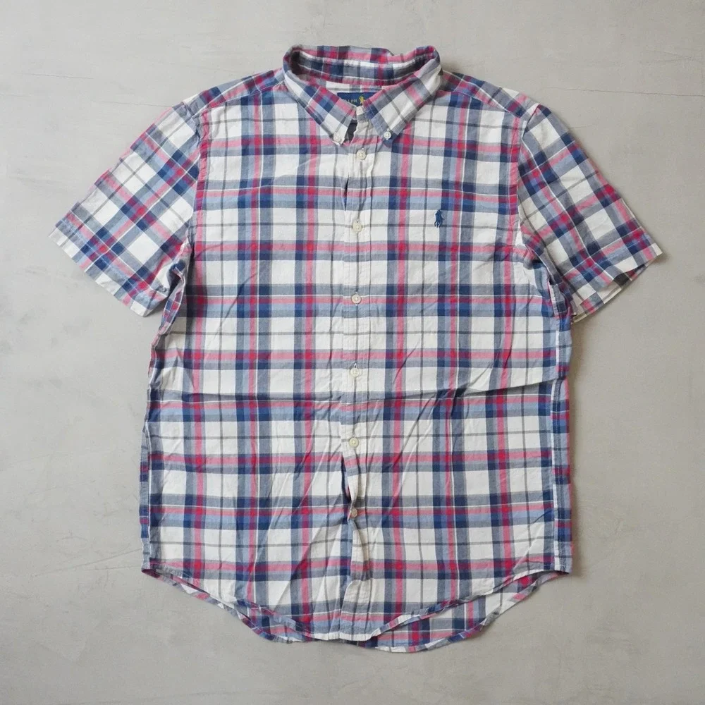 Ralph Lauren Boys XL 18-20 Plaid Short Sleeve Button Down Shirt Red White Blue